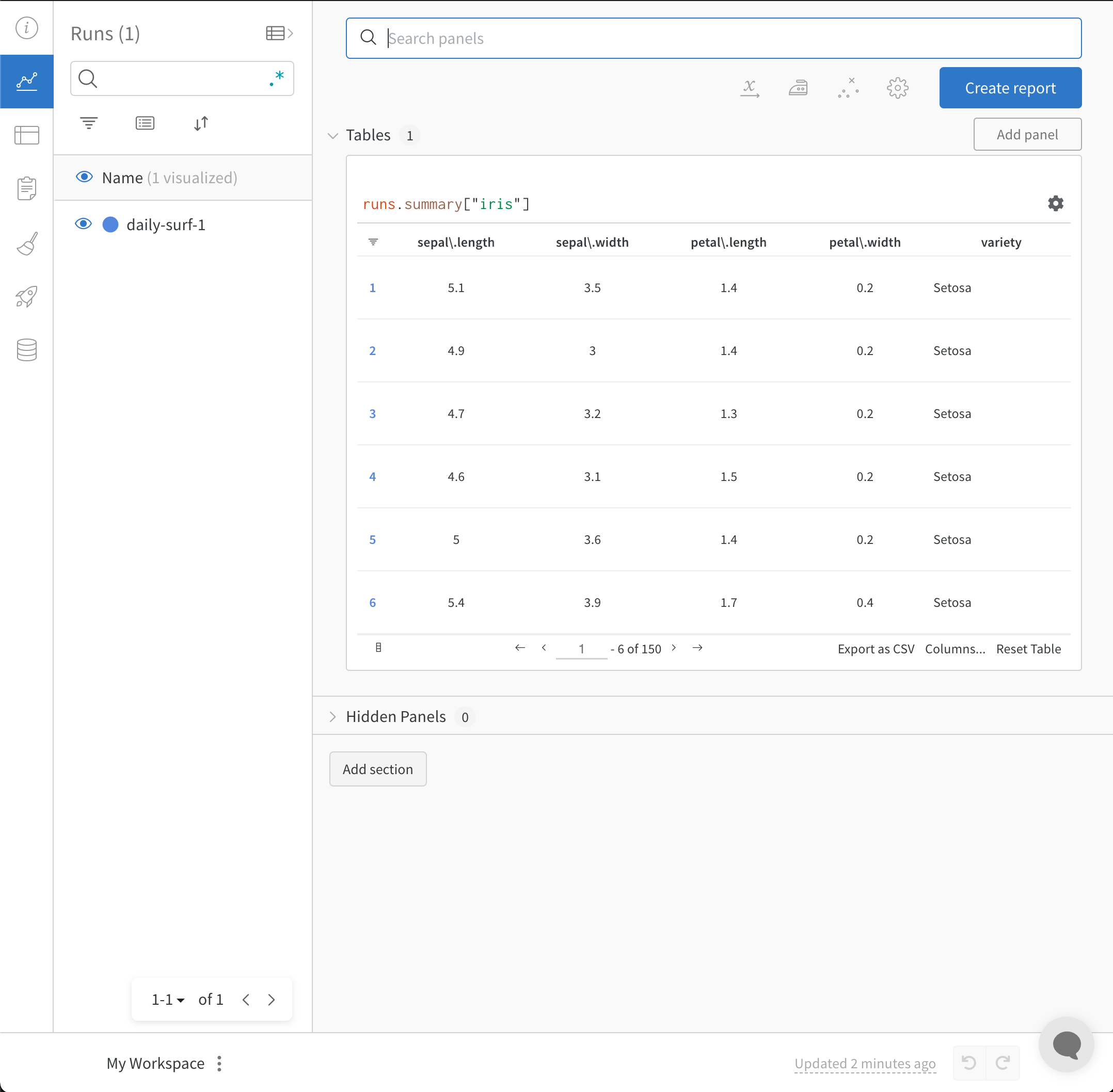 CSV file imported into W&amp;B Dashboard