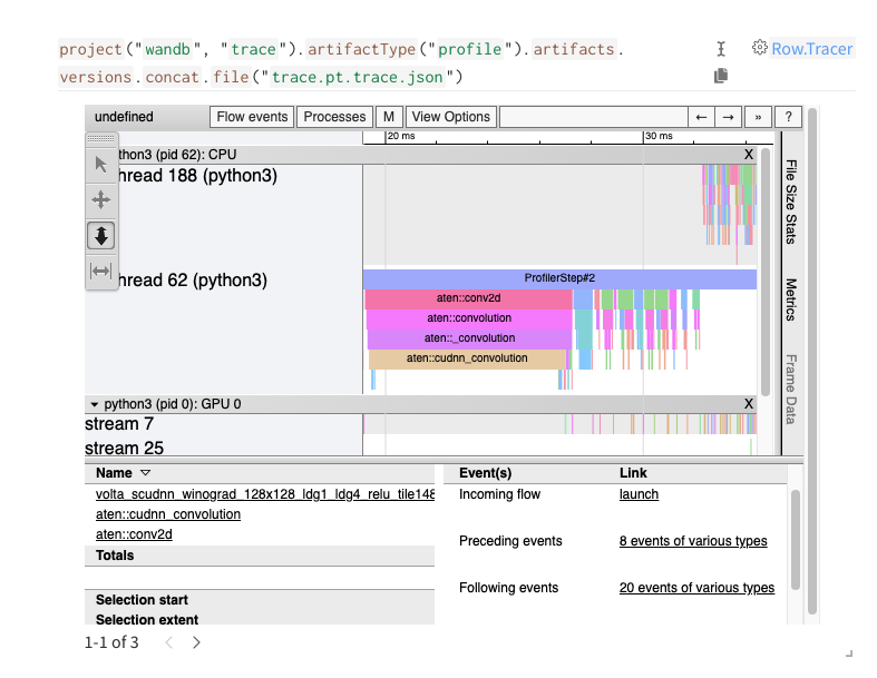 View detailed traces of PyTorch code execution inside W&amp;B dashboards.