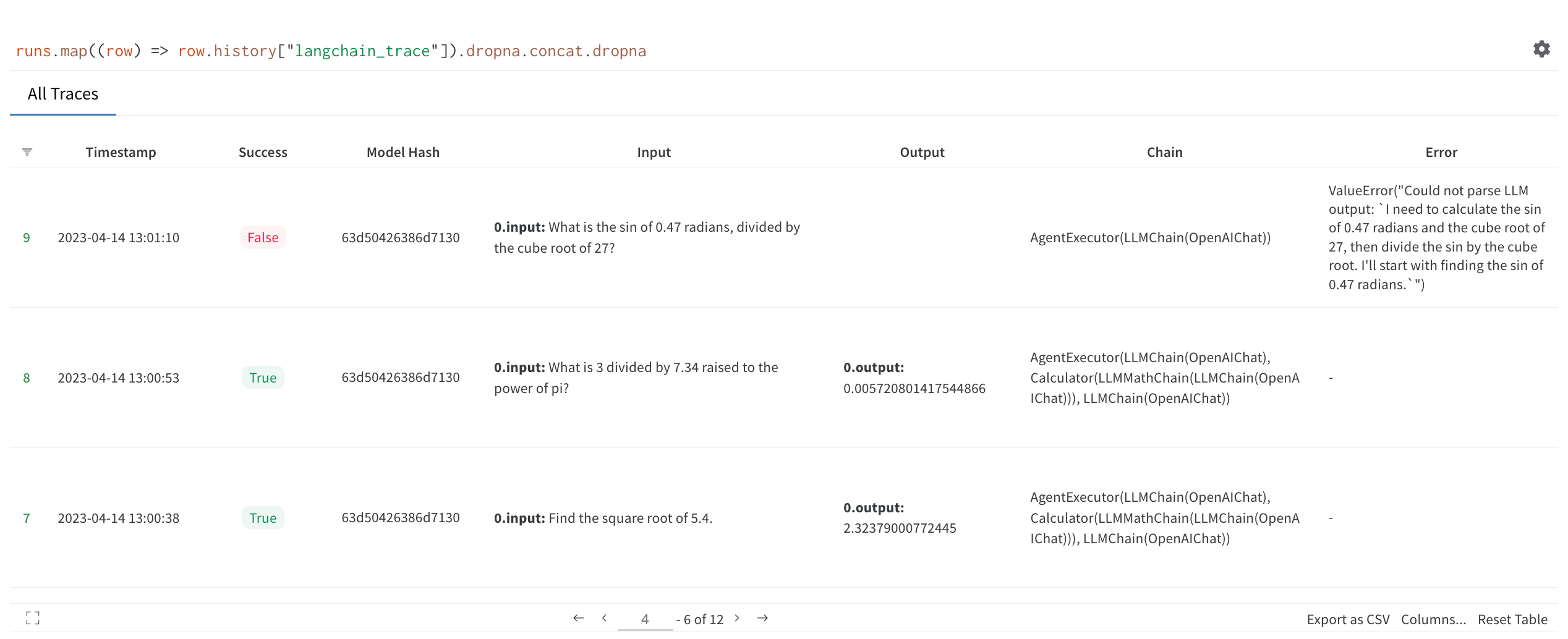 Screenshot of a trace table.