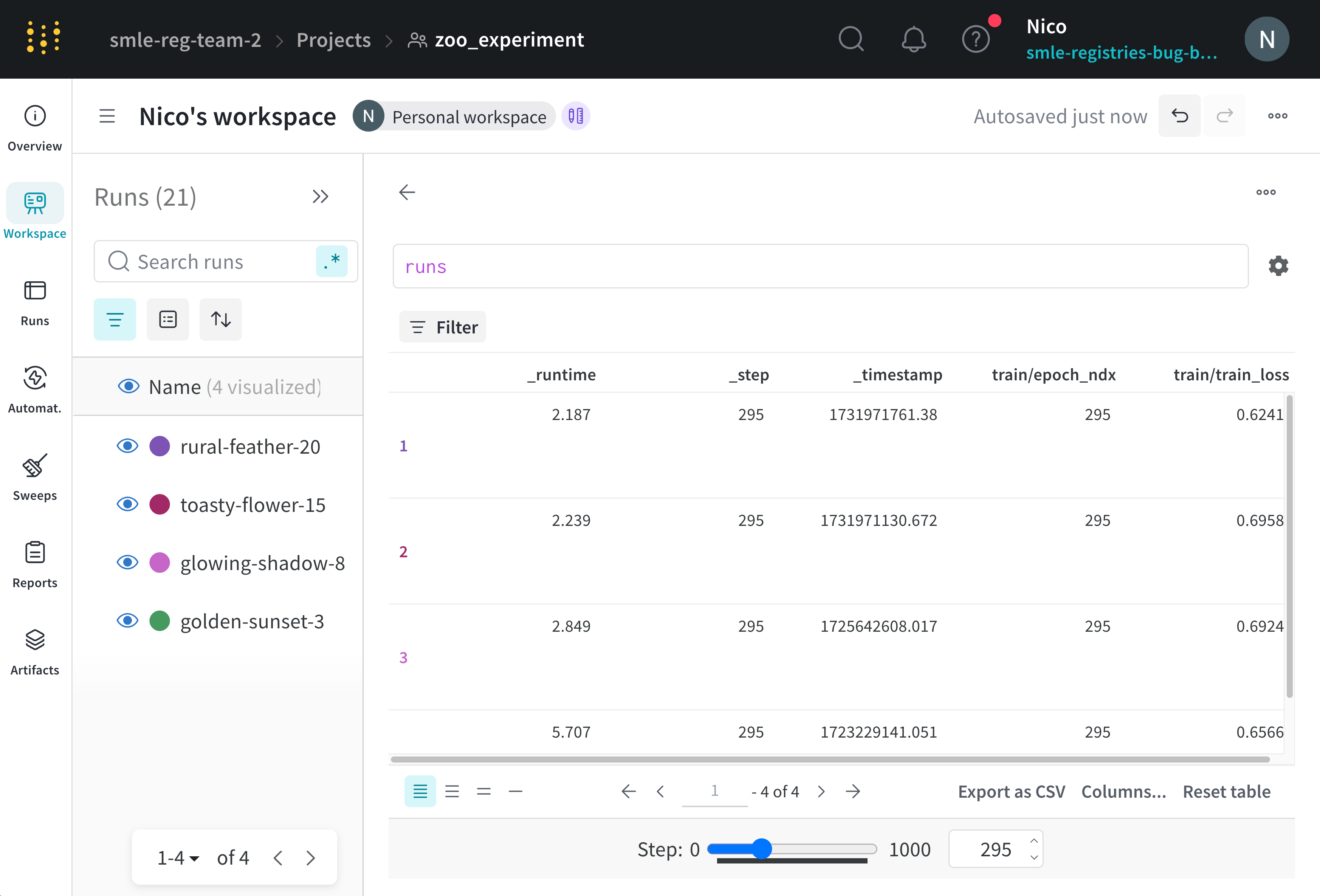 Query panel with three W&B runs and the values they logged at step 295 using the step slider feature.