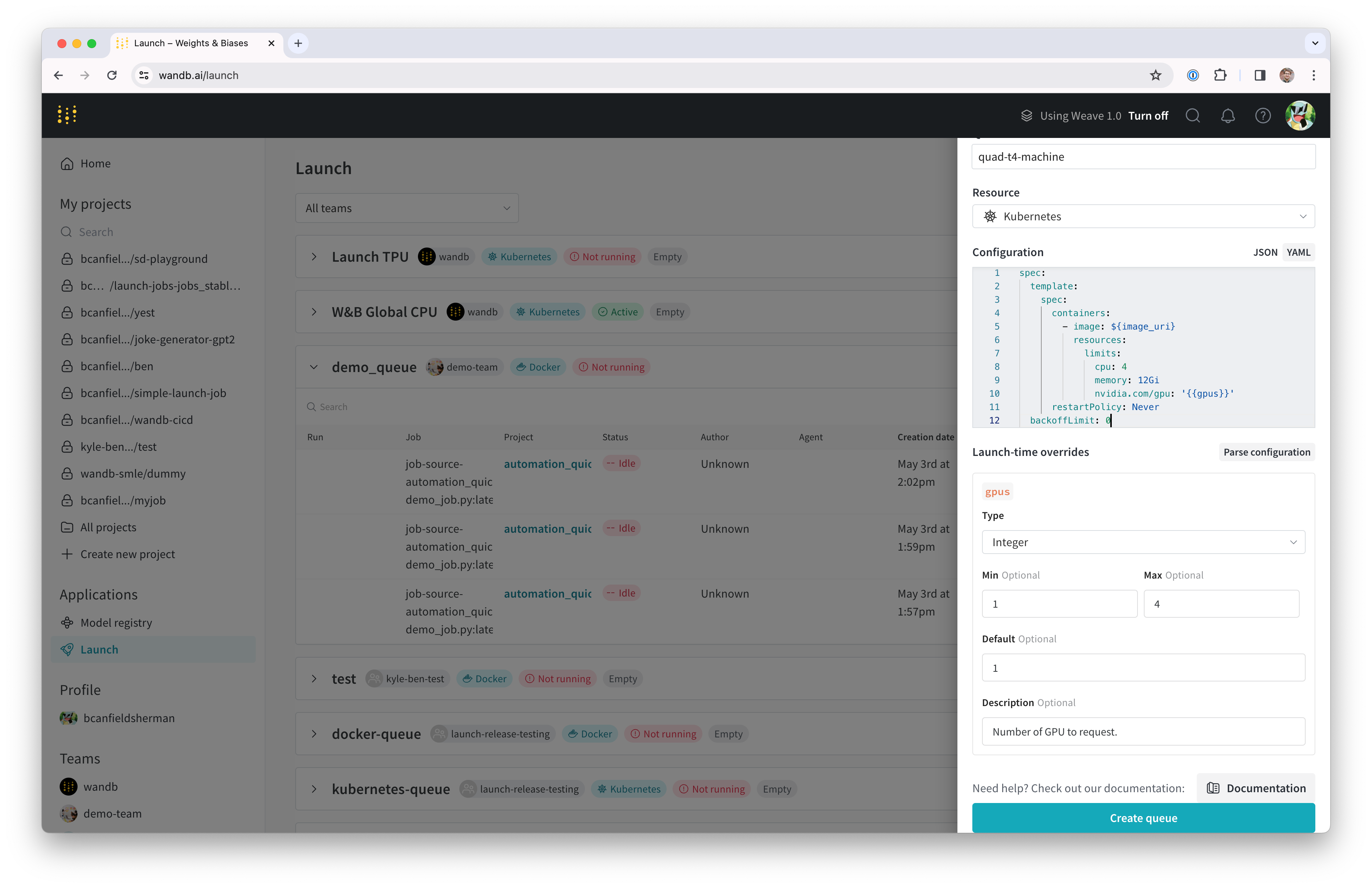 Image of queue creation drawer with gpus template variable