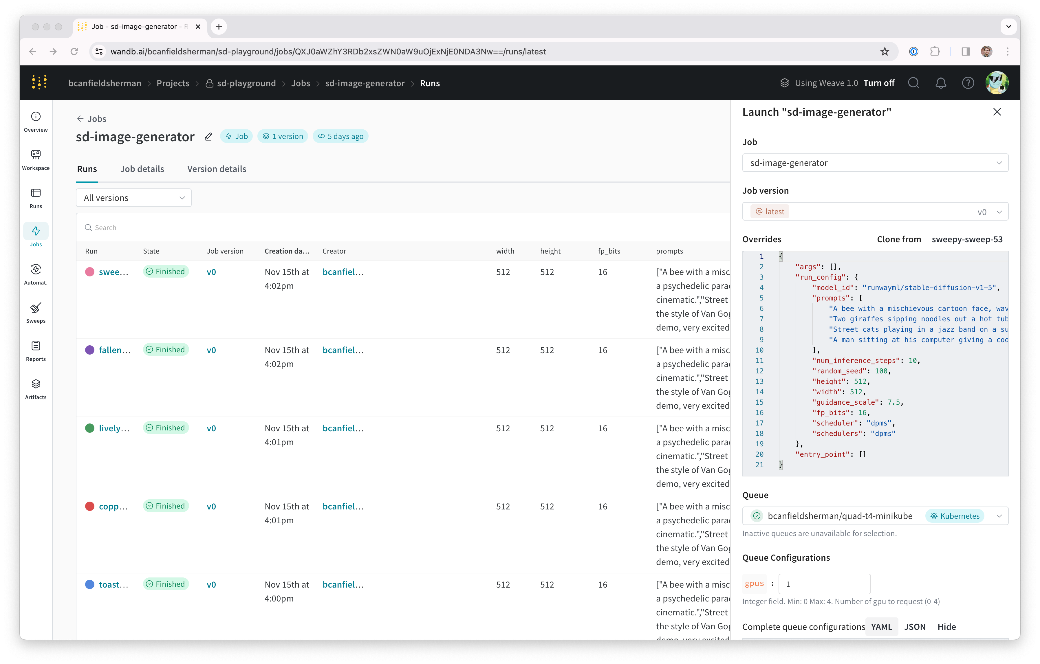 Image of launch UI for stable diffusion inference job