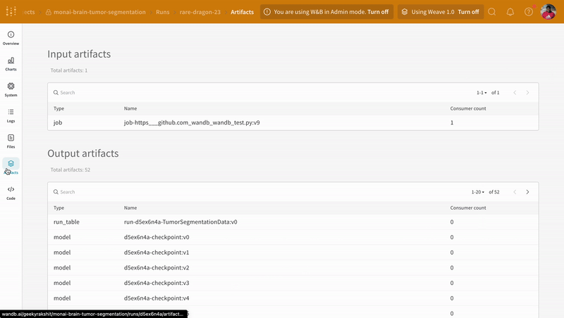 An example of model checkpoints logging and versioning on W&B.