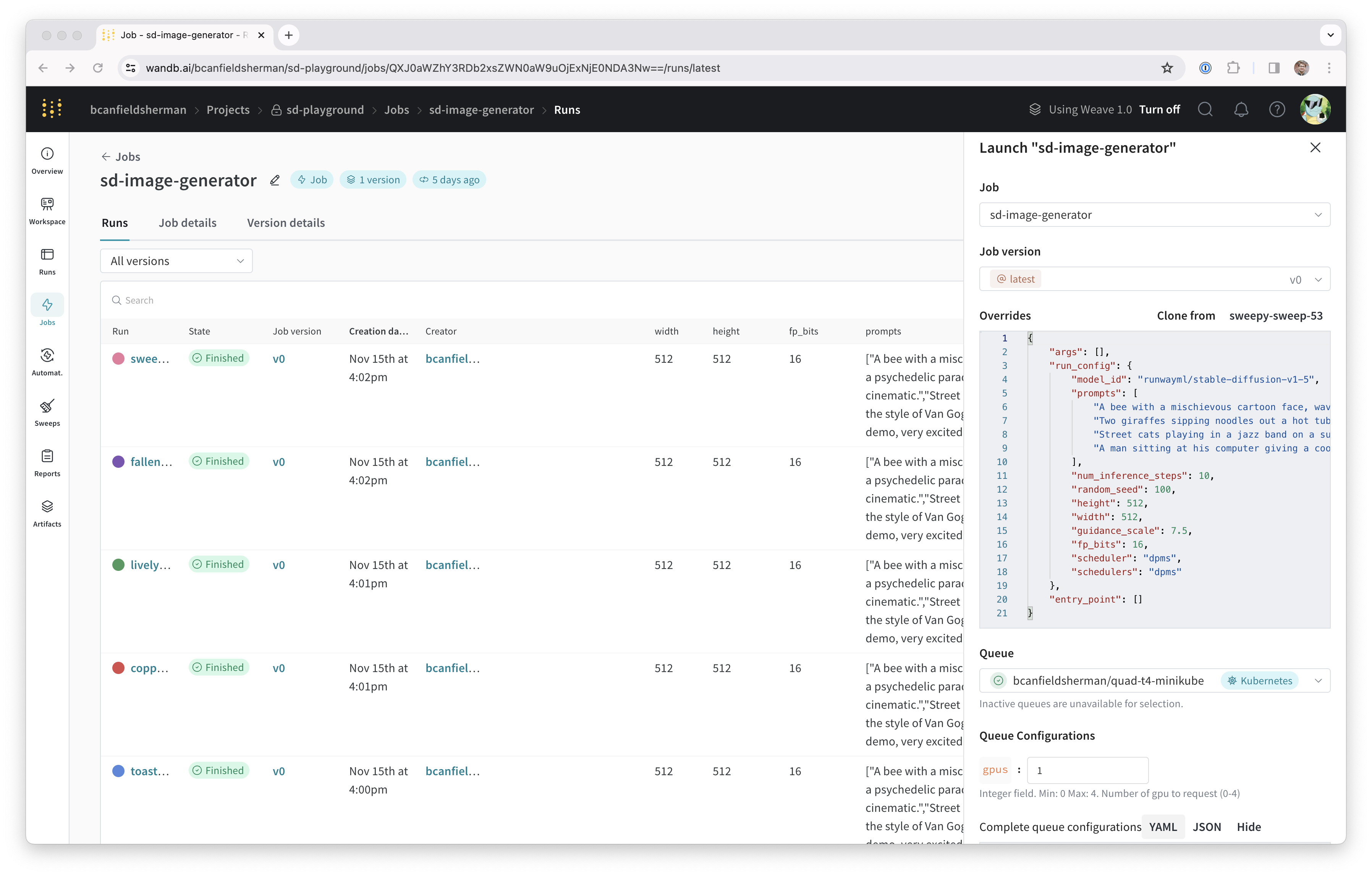 Image of launch UI for stable diffusion inference job